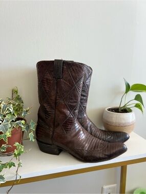 Vintage Laramie Handmade Brown Lizard Leather Exotic Western Boots